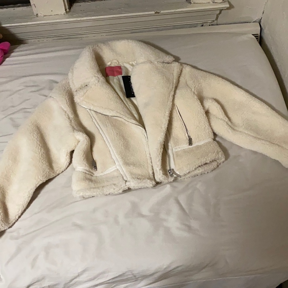 dolls kill cropped sherpa moto jacket